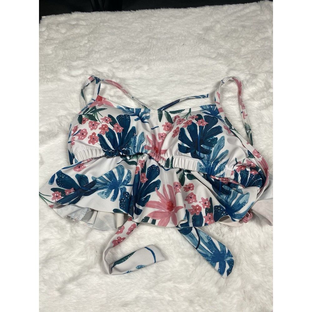 Bikini Top Size Medium Floral White Ruffled Tie Back 3443 Beach Pool